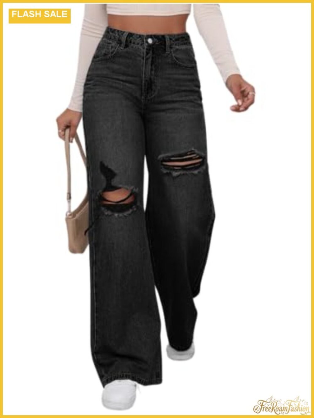 WDIRARA Wide Leg Baggy Ripped Jeans High Waisted Denim Pants Cotton